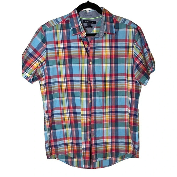 Tommy Hilfiger Men's Colorful Madras Plaid Size Medium Short Sleeve 100% Cotton - Picture 1 of 7